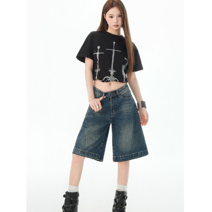Retro Spicy Woman Cropped Denim Shorts Women'S Summer Low Waisted Loose Design Straight Five-Point Pants
