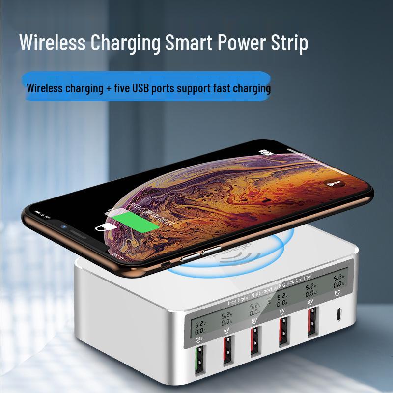 6-Port USB Charger with QC3.0 Fast Charge, PD 20W, and 15W Wireless Mobile Charging