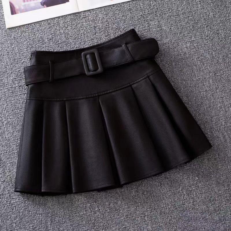 Women's Brown Leather A-Line Skirt: 2024 Autumn, High-Waist, Slim, Pleated, Fashionable PU Design