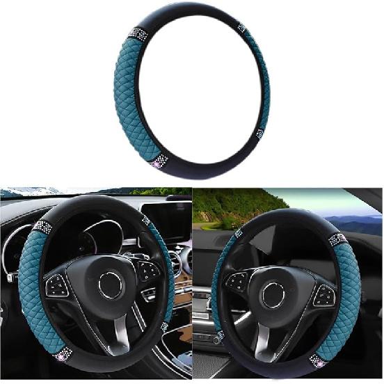 Bling Soft Leather Steering Wheel Cover, 15 Inch Colorful Rhinestones Auto Elastic Steering Wheel Protector, Sparkly Crystal Diamond For Women Girls,