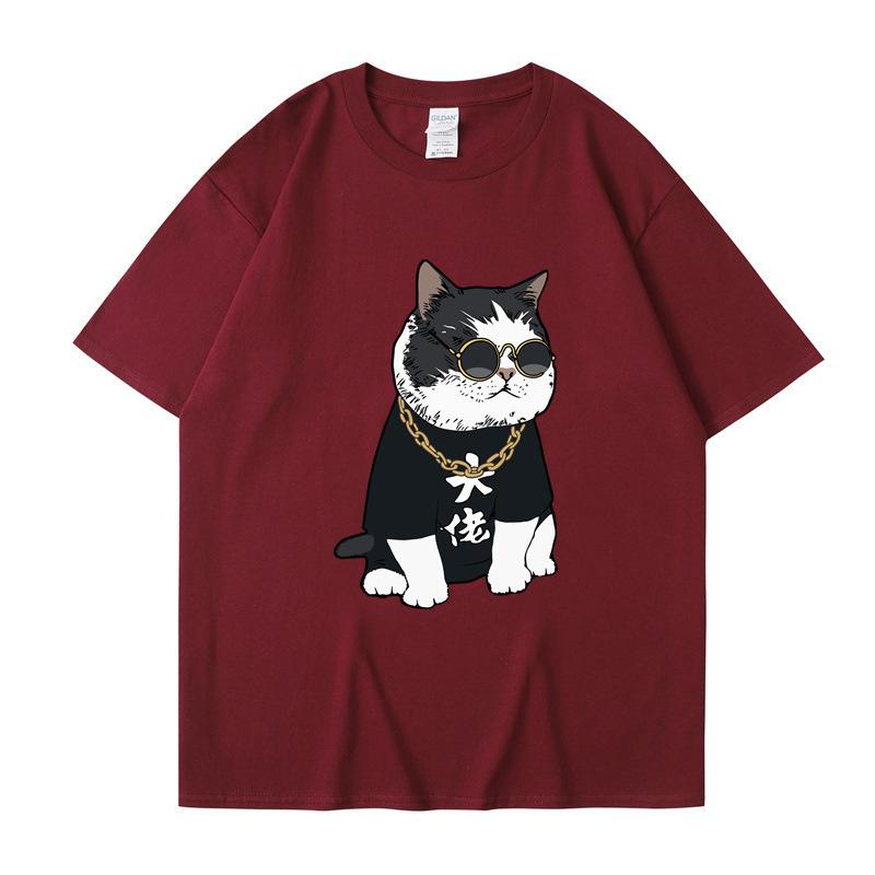 Summer Round Neck Cartoon Cute Big Boss Cat Printed Top Fashionable Casual Pure Cotton Short Sleeved Men's and Women's Unisex T-shirts