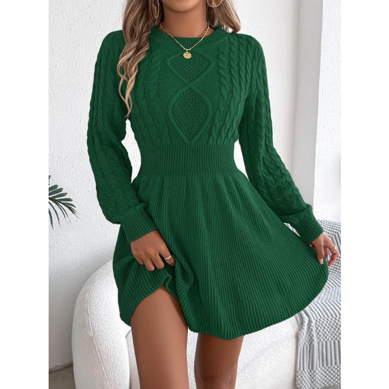 Casual Solid Color Twisted Waist Lantern Long Sleeve A Line Womens Sweater Dress