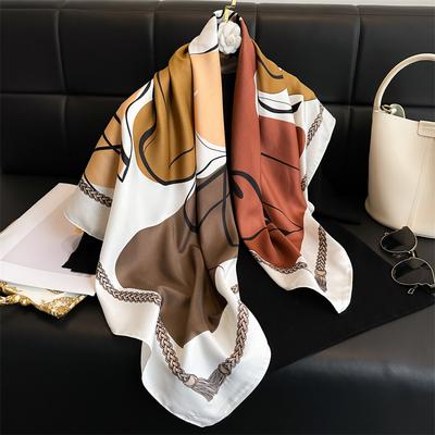 Simple Color Block Printed Silk Scarf 90Cm Twill Scarf Korean Version Versatile Large Square Scarf Sunscreen Shawl Headscarf Women