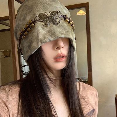 Small and High-end Tie Dye Tassel Bead Pile Hat for Women American Retro Big Head Circumference Cold Hat Loose Hat