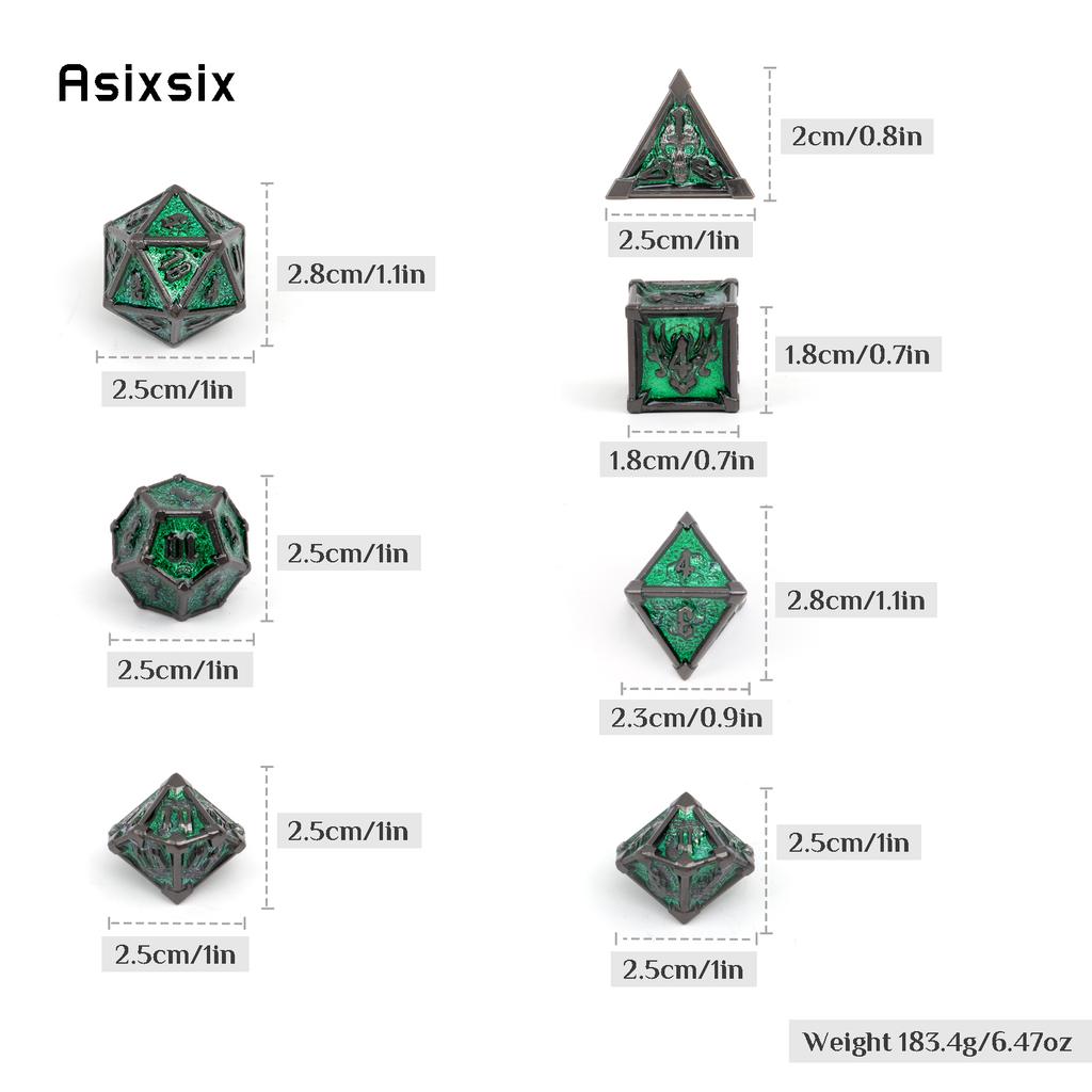7 Pcs Black Green Skull Metal Dice Solid Metal Polyhedral Dice Set Suitable for Role-Playing RPG Board Game Card Game