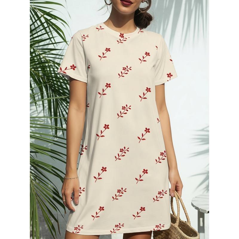 Women'S Round Neck Short Sleeve T-Shirt Summer Green Leaf Print Nightgown