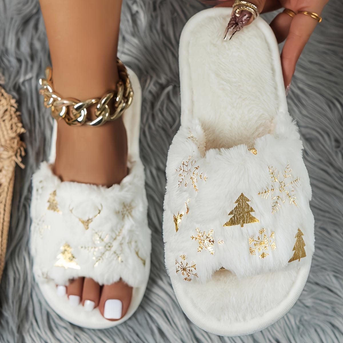 

Women S Cozy Fleece Christmas Slippers with Golden Tree & Snowflake Design-Soft Winter Home Shoes,EVA Sole for Indoor Comfort,Casual Holiday Footwear 36-37