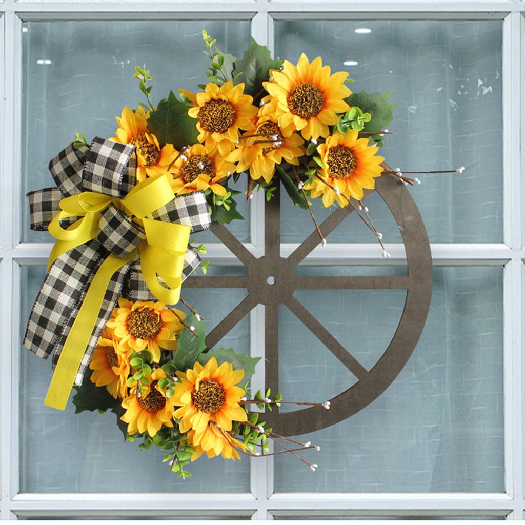 Słonecznikowa Girlanda z Kokardek Ozdoby Sztuczny Kwiat Drewniane Koło Wiszące na Drzwi Dekoracja Ścienna