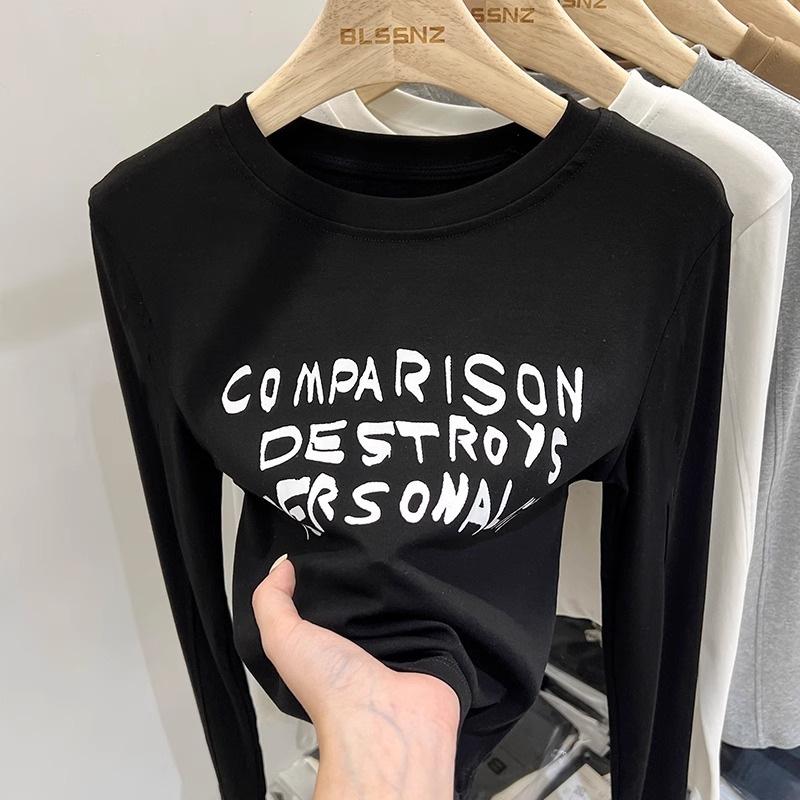 Ladies Autumn Fashion Long Sleeve Round Collar Slim Fit Basic Letter Printed Pullover T Shirt Top for Layering