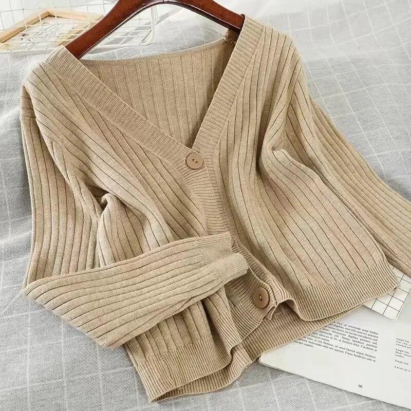 Autunno Csual Maglione cardigan lavorato a maglia con scollo a V Donna Inverno Moda Crop Maglioni Giacca manica lunga Cardigan casual Top 29761