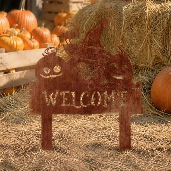 Halloween Landscape Accents Rusty Metal Pumpkin Garden Stake, Spooky Evil Face Welcome Yard Sign, Silhouette Stakes Outdoor Decorative Lawn
