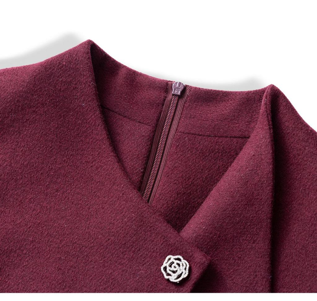 Elegant Woolen Skirted Dress with Waist-Cinch for Autumn/Winter