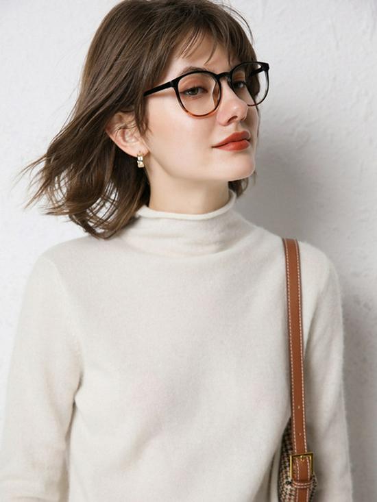 Women's Rolled Hem Half-High Neck 100% Wool Sweater - Stylish Autumn/Winter Base Layer