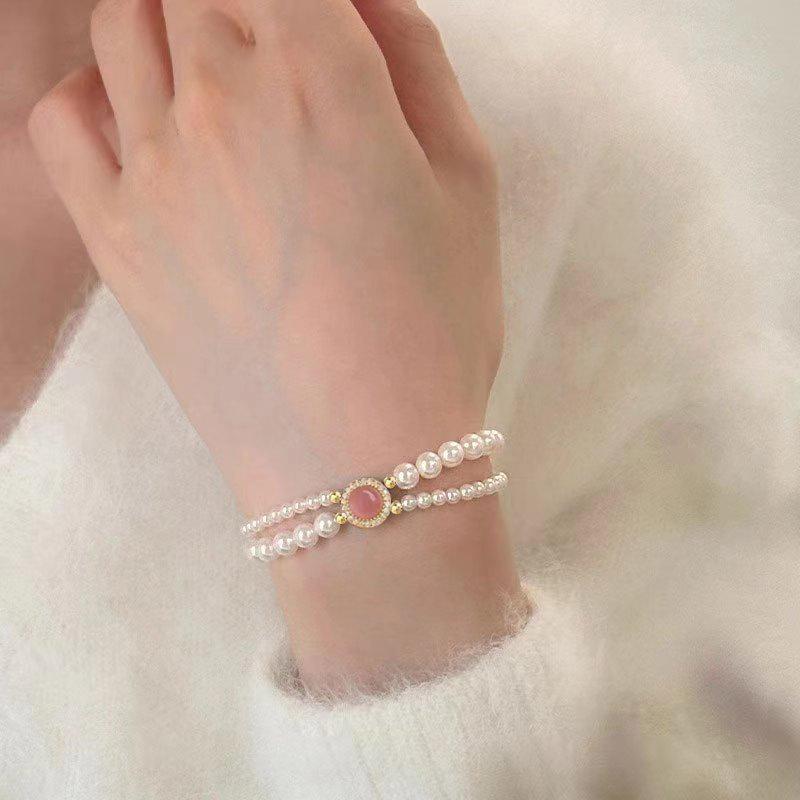S925 Silver Pink Chalcedony and Pearl Jewelry Set: Bracelet, Necklace, Ring, Earrings - Perfect Gift for Girlfriends & Besties