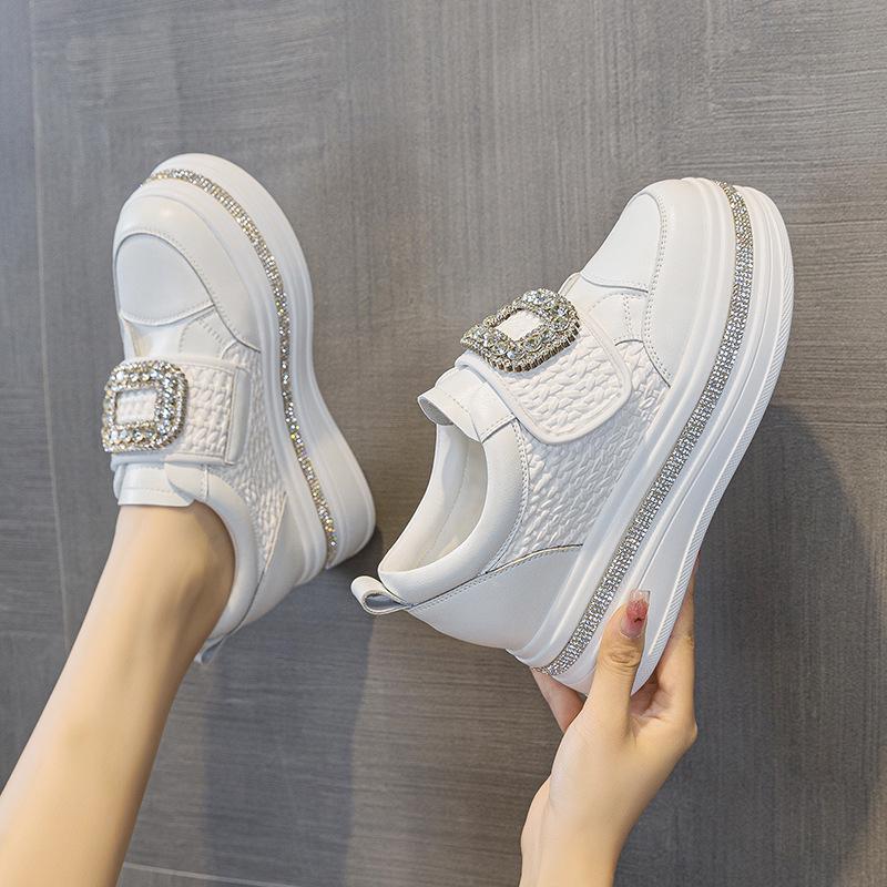 Women's 2025 Autumn White Rhinestone Casual Sneakers with Magic Tape and Petite Height-Boosting Thick Sole