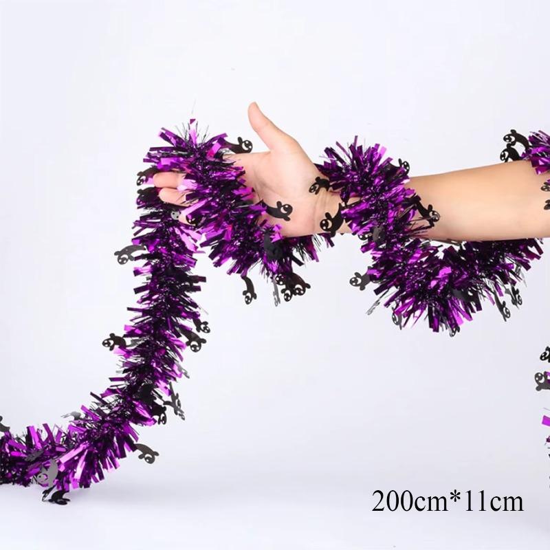 

2m Halloween Tinsel Garland with Pumpkin Spider Bat Designs Shiny Metallic Twist for Home Tree Indoor Outdoor Party Decorations