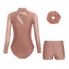 Girls Mesh Long Sleeve Cutout Back Sparkly Rhinestone Leotard V Front Waistband Shorts Hairband Gymnastics Set