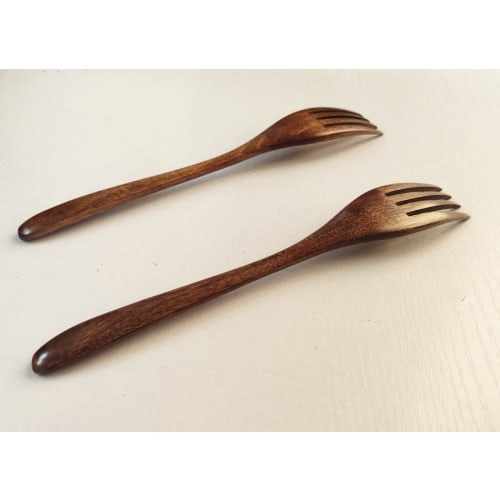 KXLCGYK Set of 2 Lightweight Wooden Forks, 18.8cm, Lacquered, Dinner/Pasta Forks, Wood Grain Finish, Wooden Cutlery