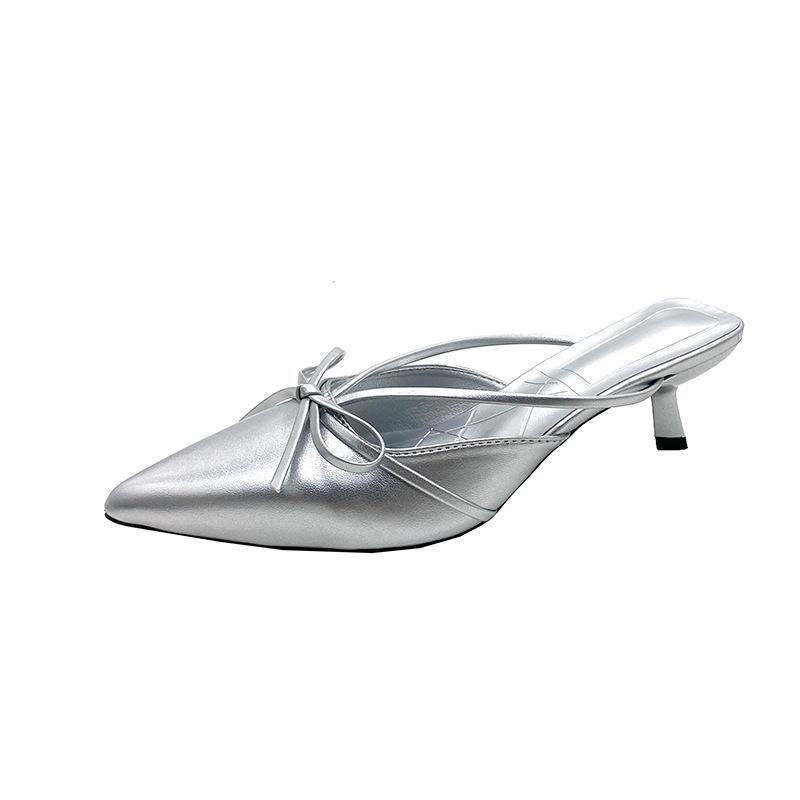 Spring and summer 2025 new French bow pointed kitten and bag head cool slippers low heel rear empty cool slippers