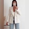 White Tweed Double Breasted Blazer with V-Neck Top and Light Blue Jeans for Women
