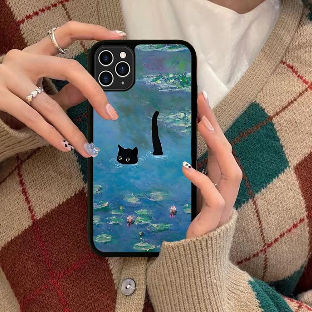 Cartoon Animal Black Cat Oil Painting Phone Case Silicone PC+TPU For For IPhone 11 12 13 14 15 16 Plus Pro Max Cover
