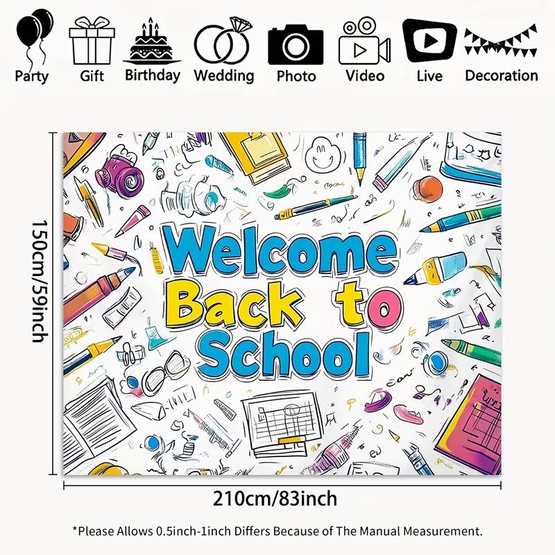 Welcome Back to School Tapestry, Stationery Doodle Background Cloth, Classroom Decor