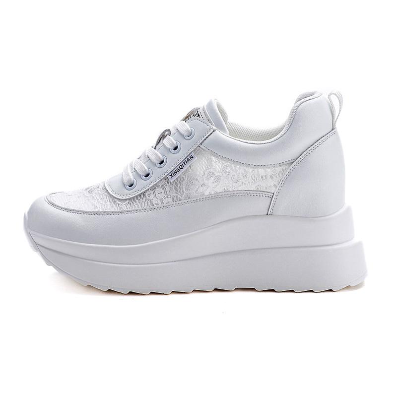 Chaussures Plateformes Printemps Été Femmes Cuir Véritable Chaussures Blanches Pour Dames Augmentant la Hauteur 8cm Baskets Décontractées