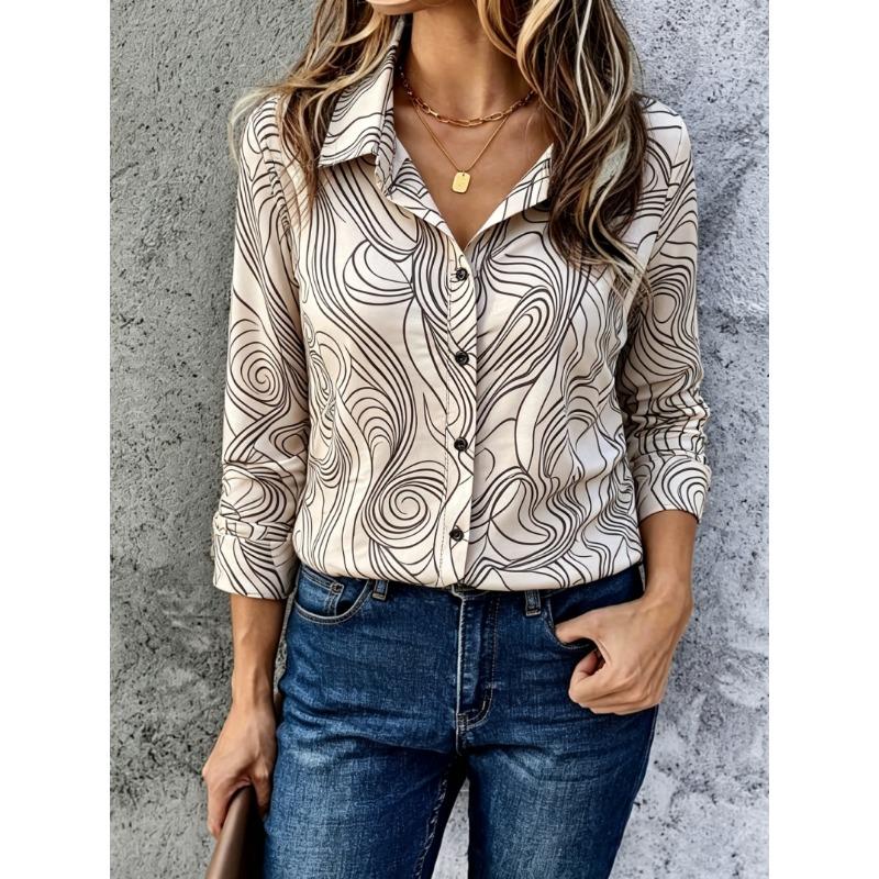 Women's Spring Summer White Marble Crack Texture Print Button Down Shirt, Casual Daily Printed Collared Blouse