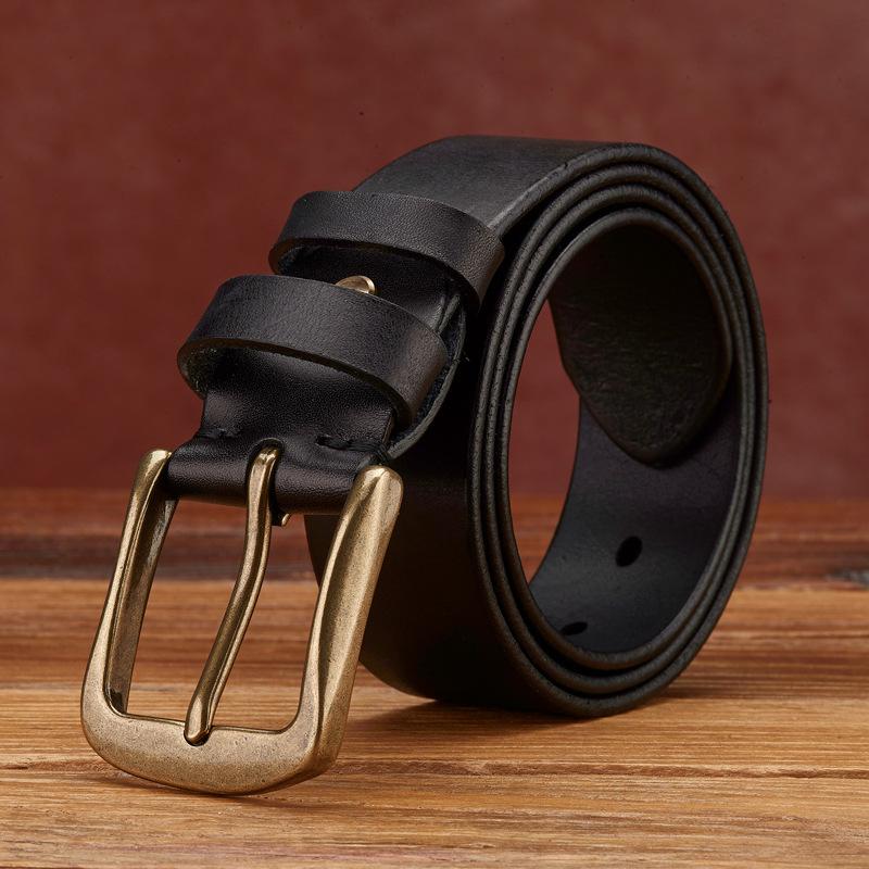 Retro Fashion Personality Trend Handmade First Layer Pure Cowhide Belt Men'S Genuine Leather Copper Buckle Korean Version Casual Denim Belt