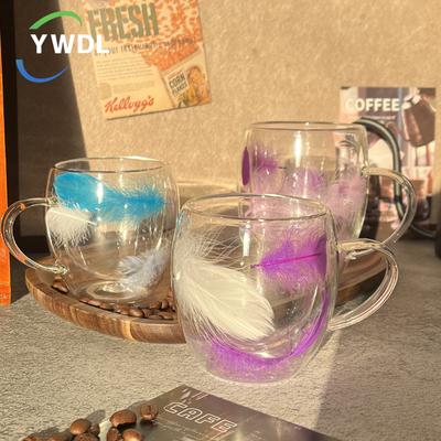 250/350ml Przezroczysty Szklany Kubek z Podwójną Ścianką z Uchwytem Wypełnienie Piórami Kubek do Kawy Odporny na Ciepło Filiżanki do Espresso Mleko Sok Filiżanka do Herbaty Prezent