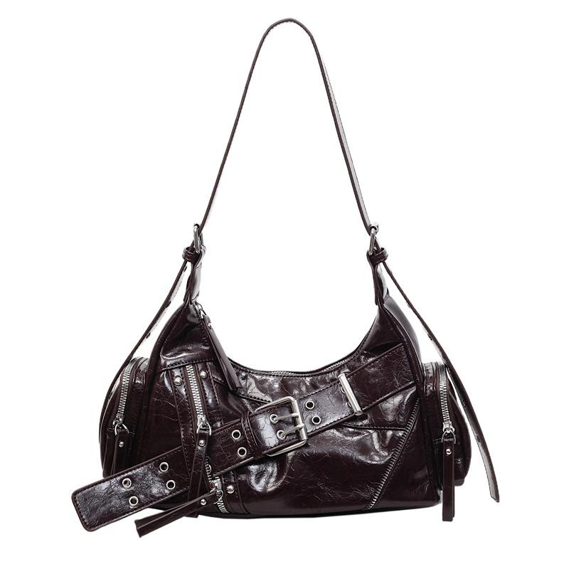 

Fashi Women Shoulder Bag Vintage Motorcycle Bags Female Rivet Crossbody Bag кавовий