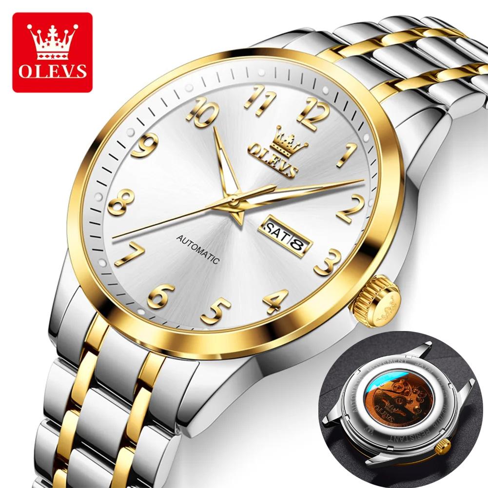 OLEVS 7078 Original Automatic Man Watch Digital Dial Stainless Steel Dual Calendar Waterproof Luminous Mechanical Men's Watches