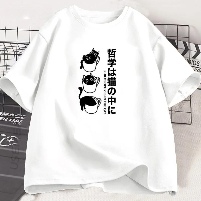 Funny Kawaii Cat T-Shirt Japanese Cat Coffee Lover T Shirt Women Streetwear Harajuku Clothing Cute Black Cat Tee Women Tops