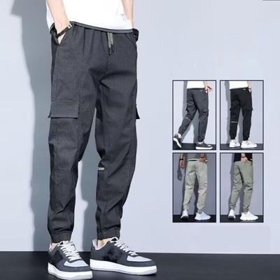Men Cargo Pants Loose Ankle-banded Multi Pockets Drawstring Elastic Waist Soft Breathable Solid Color Gym Traning Jogging