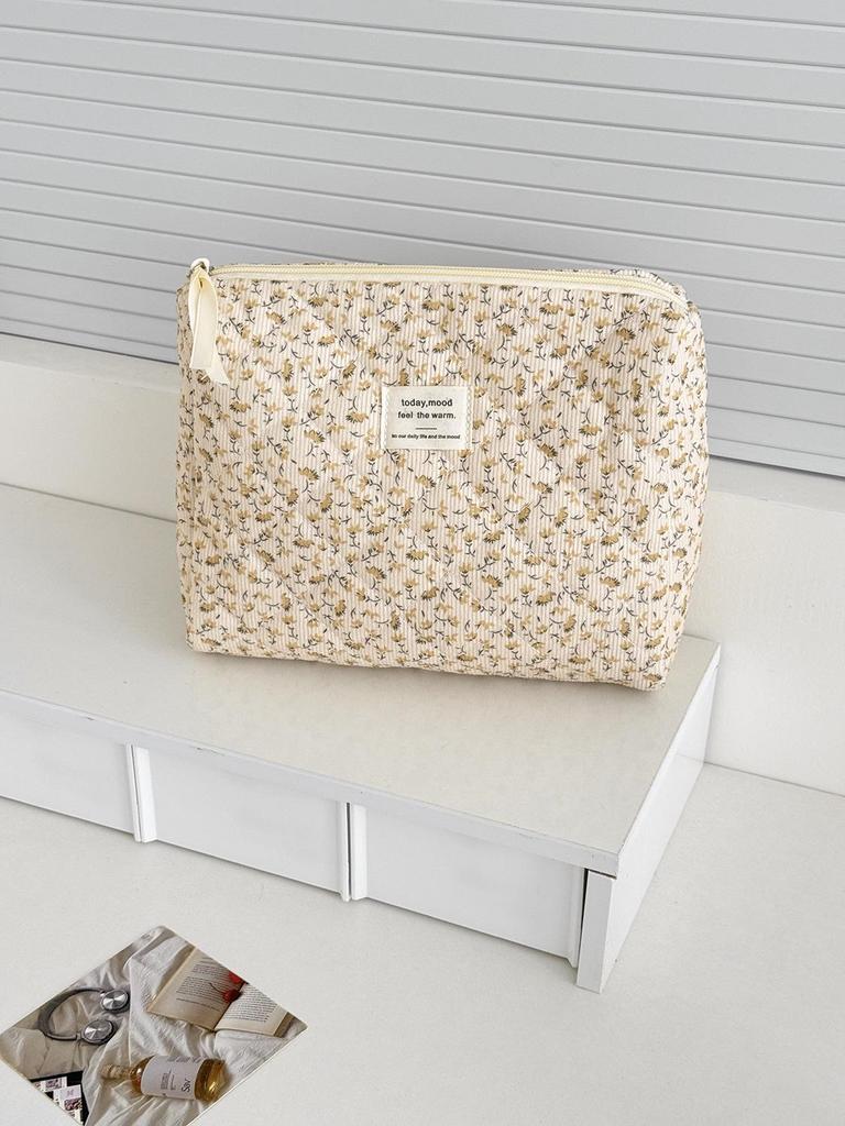 Yellow Floral Corduroy Makeup Bag - Korean Style, Portable, Large Capacity, Washable