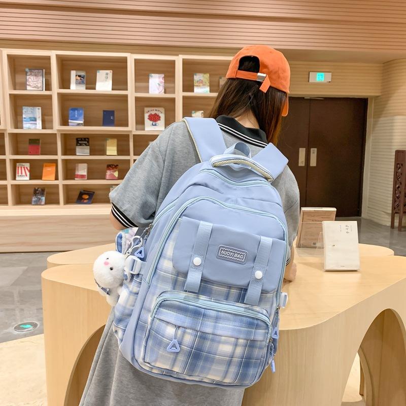 New Large-capacity Make-up Bag Trendy and Fashionable Plaid Junior High School College Student Backpack Two-piece Backpack Fashionable