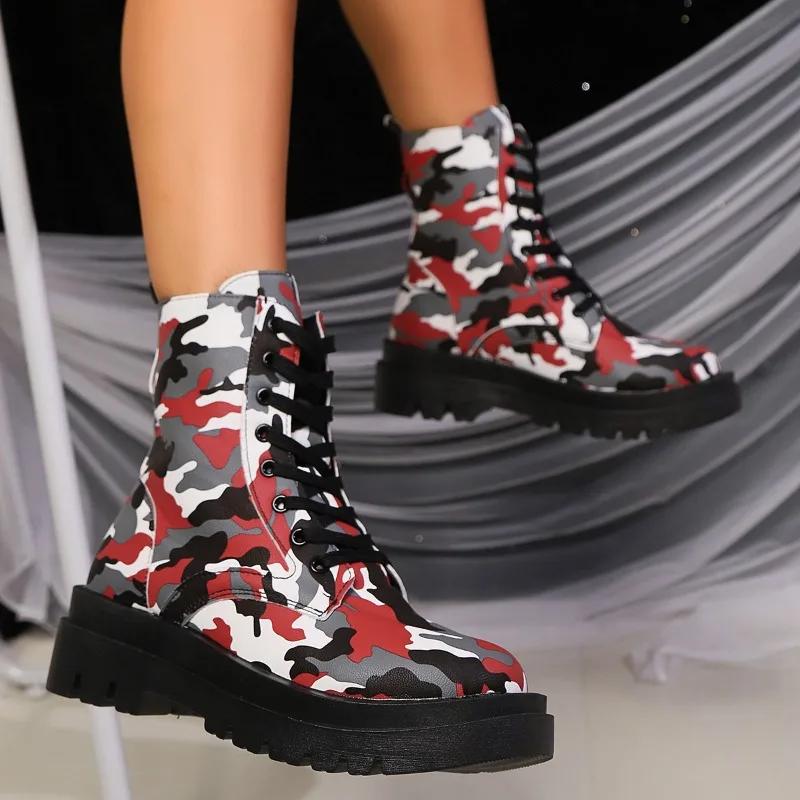 Fashion Plus Size Platform Modern Boots 2024 Shoes Female Ankle Women's Boots Women Mixed Colors Round Toe Med Heel Lace-up Shoes Women