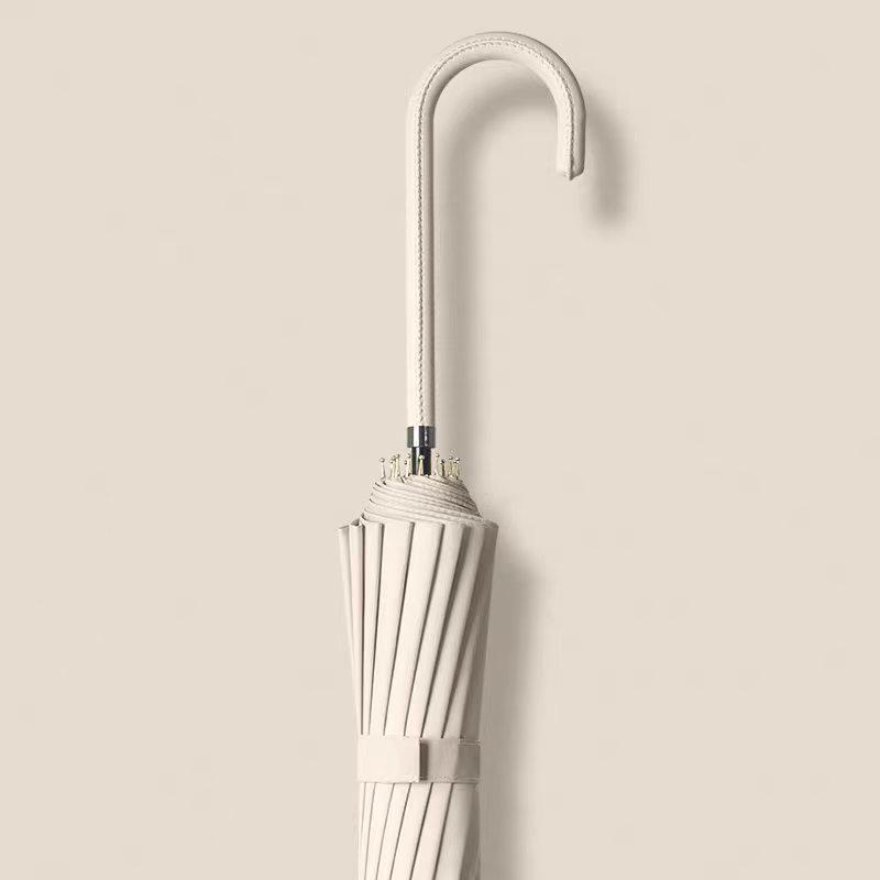 16-Rib Japanese Style Solid Color Umbrella - Automatic Open with Curved Handle, Sun Protection