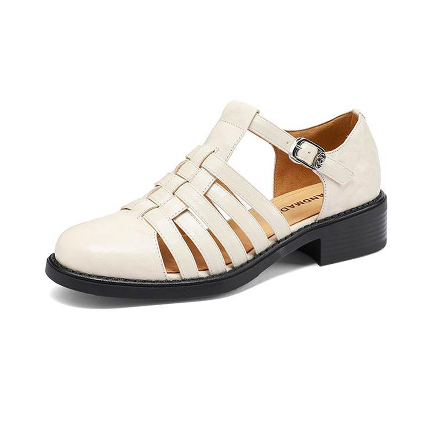 

Krazing Pot SheepSkin Round Toe Size 42 Thick Med Heels Buckle Hollow Style Beauty Autumn Weaving Pumps 34 слонова кістка