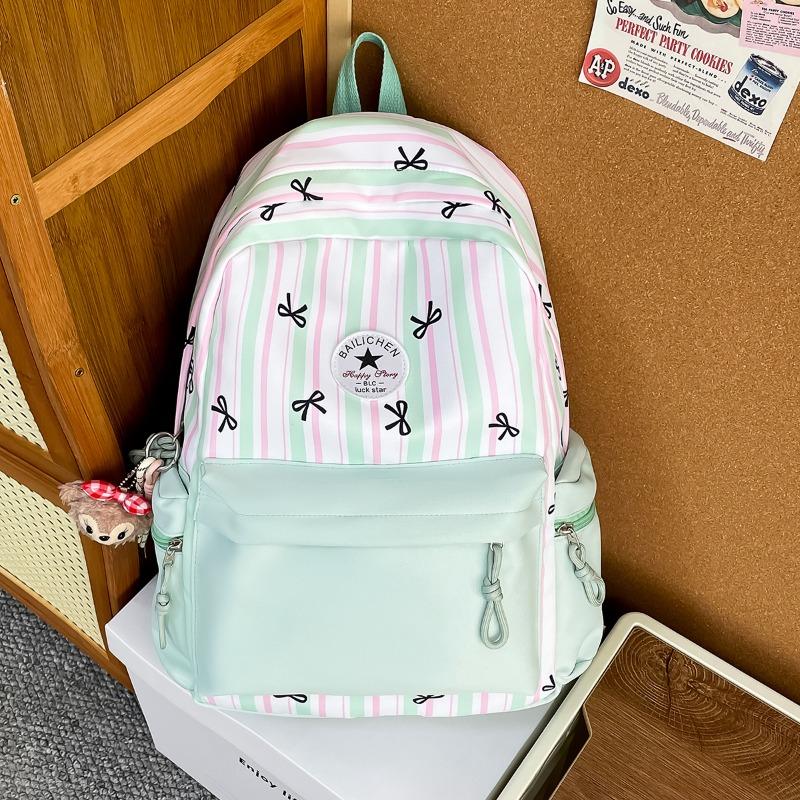 New high-value, fresh and sweet bow striped backpack, color contrast and lightweight backpack for junior high school students