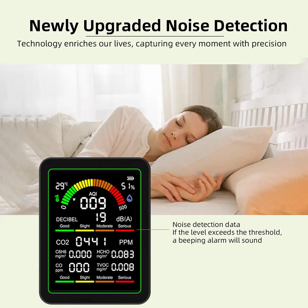 9-in-1 Luftqualitätsmonitor Kohlendioxid Lufttester Temperatur-/Feuchtigkeitsmesser Lärm-/CO2-/TVOC-/AQI-/C6H6-/HCHO-/CO-Detektor