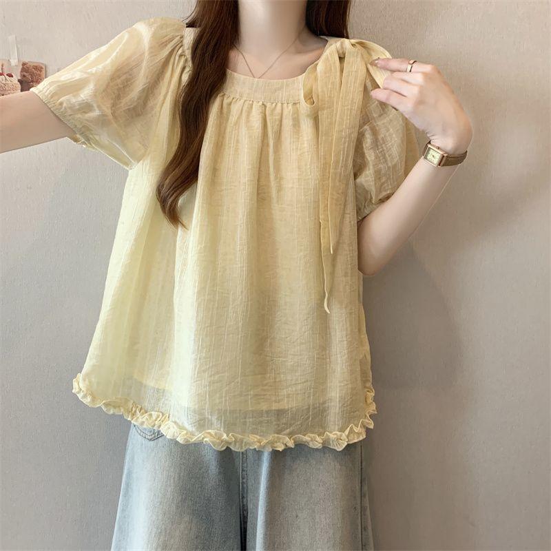 Summer Womens Fashion Solid Color Lace Short Sleeve Shirt with Tie Design Casual Top