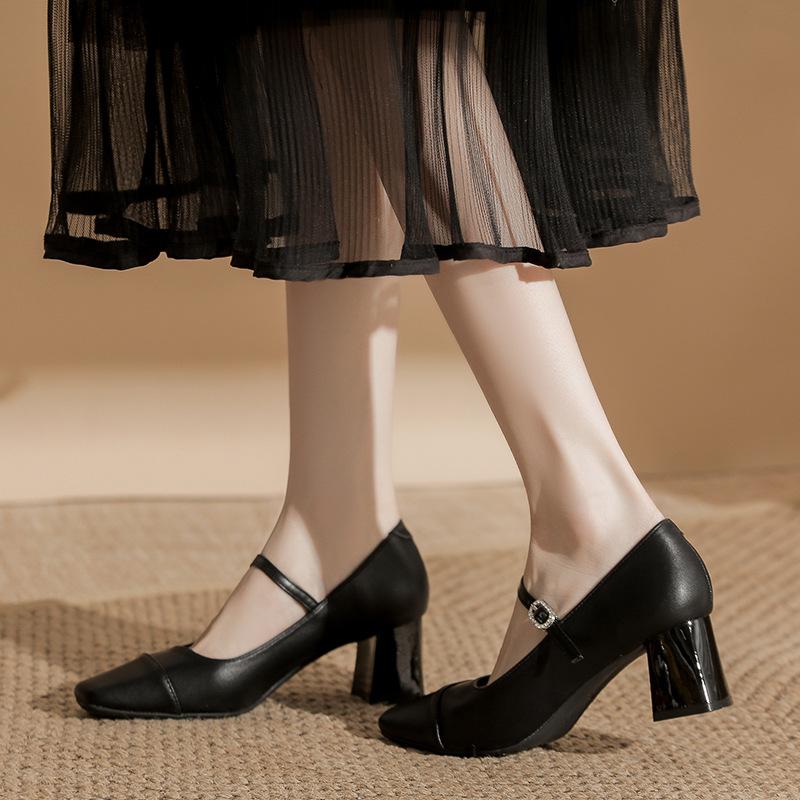 Silver Mary Jane High Heels: Women's Square Toe Retro Chunky Heel One-Strap Shoes for Spring and Autumn.
