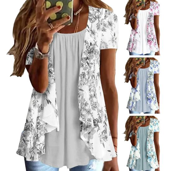 Women Shirt Casual Round Neck Short Sleeve Bohemian Style Printing Oversized