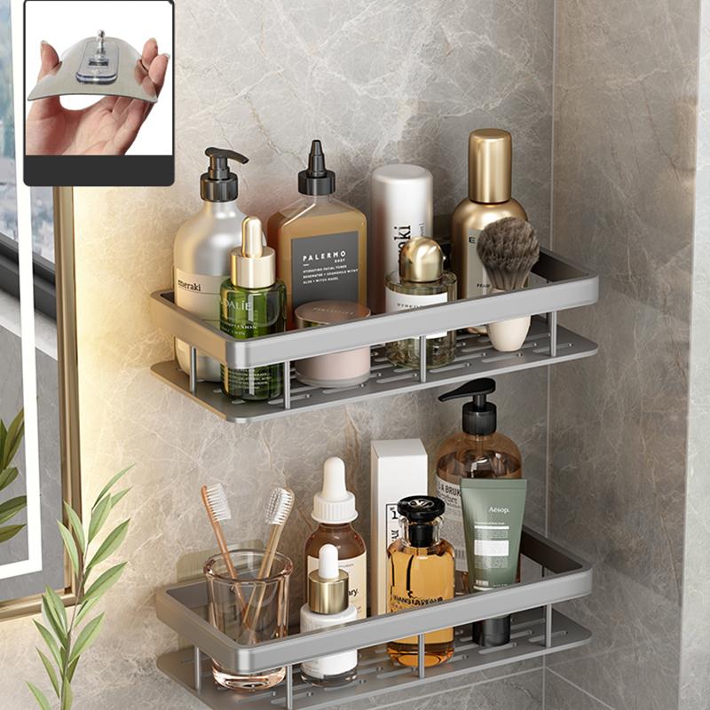 Veggmontert 2-etasjes hylle uten boring Baderomssjampoholder Flytende hylle for veggmontering Hylleoppbevaring Baderom Kjøkken Jernvare Oppbevarer