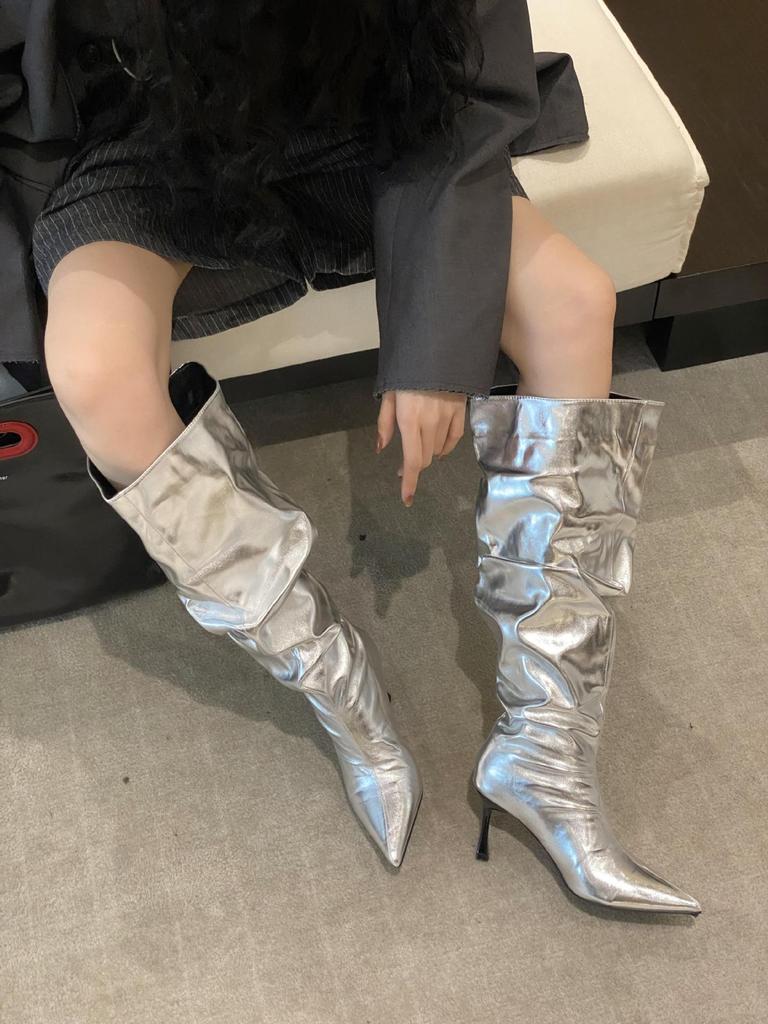 High-heeled Sleeve Pleated Piled Boots Women's 2025 Autumn and Winter Sexy Pointed Thin Heels High But Knee-long Boots