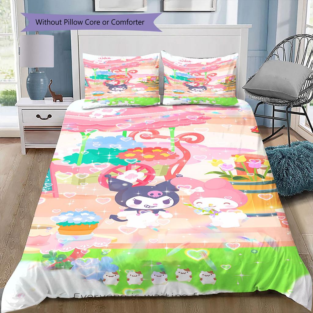 Hello Kitty, Kuromi and Their Friends Printed Pattern Bedroom Three-piece Duvet Cover Bedding set(Without Core)
