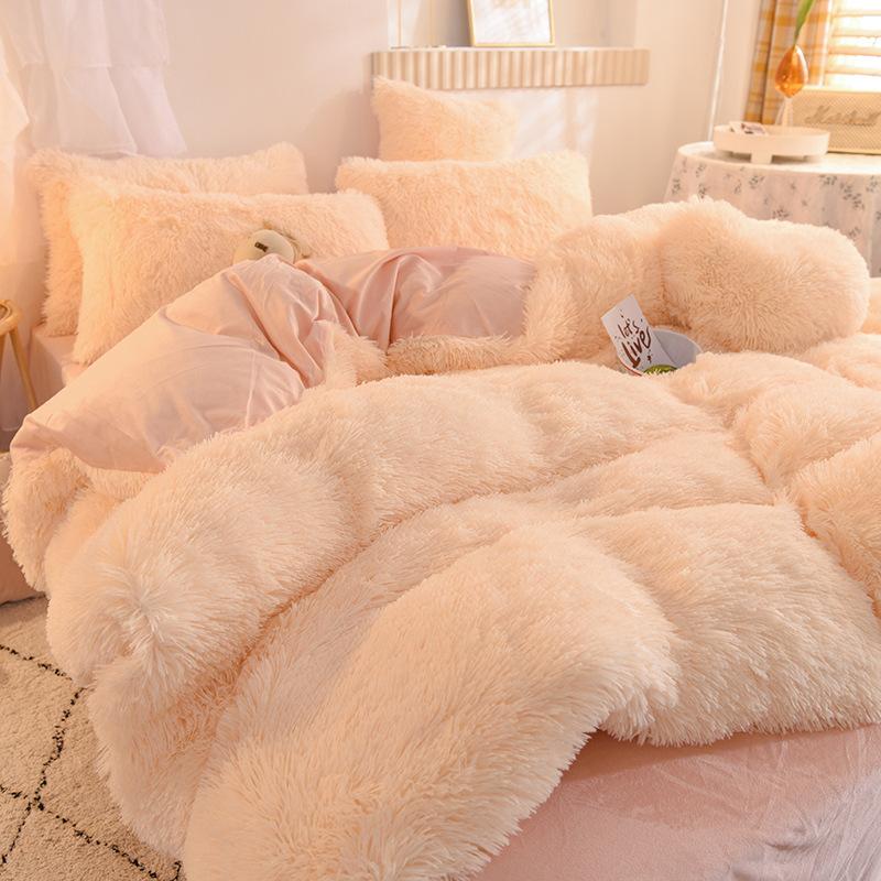 Coral Fleece Four-piece Bedding Set, Mink Fleece, Cloud Mink Fur Fleece-lined Bedding, Winter Thickened Warm Duvet Cover and Sheets