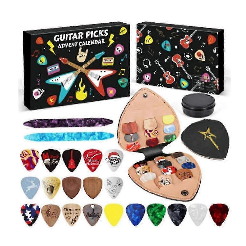 2025 Christmas Guitar Picks Advent Calendar,24-Day Countdown with 20 Celluloid & Wood Picks In Multiple Gauges, Pick Holder & Metal Tin Case, for Guit