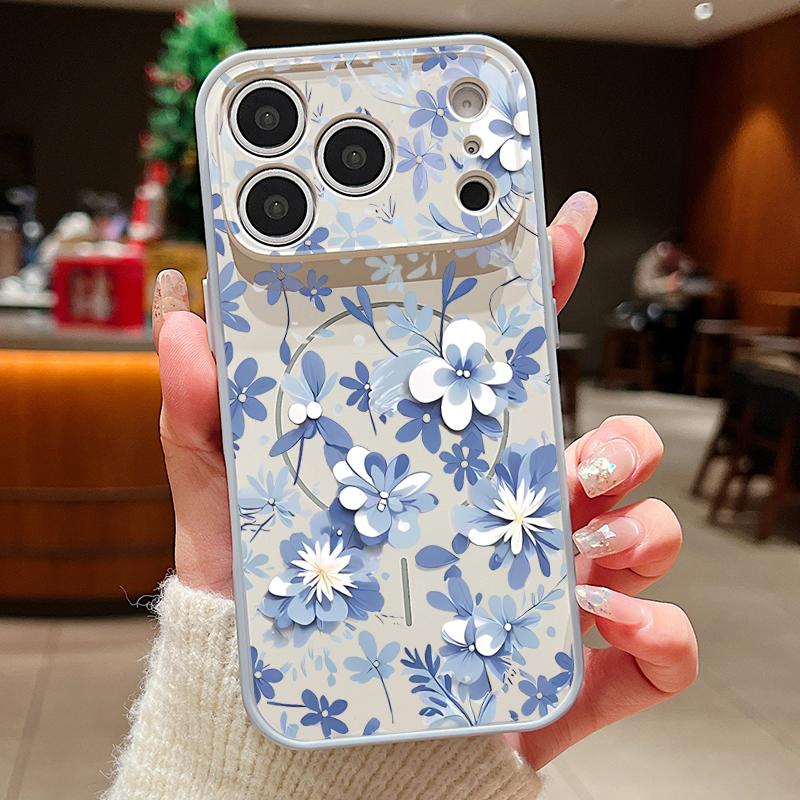 Magnetic For Magsafe Case For iPhone 17 Pro Max Blue and White Flowers Pattern Skin Feeling Cover For iPhone 16 15 14 13 Pro Max